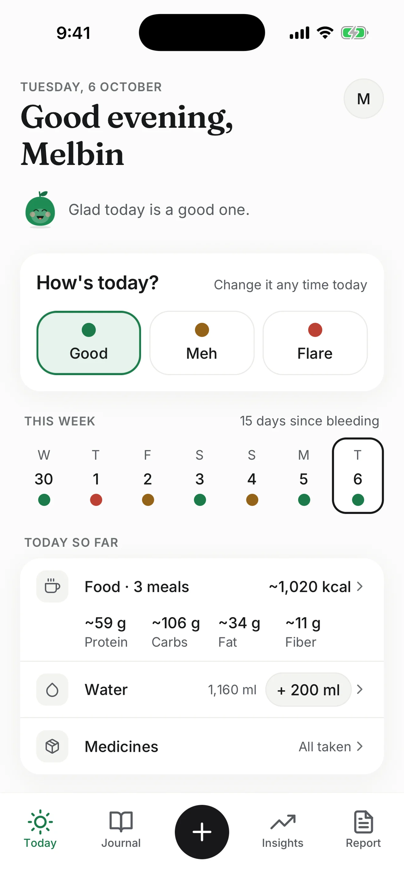 Hemi's Today screen, with a one-tap Good, Meh or Flare rating, the week at a glance, and today's meals and water.